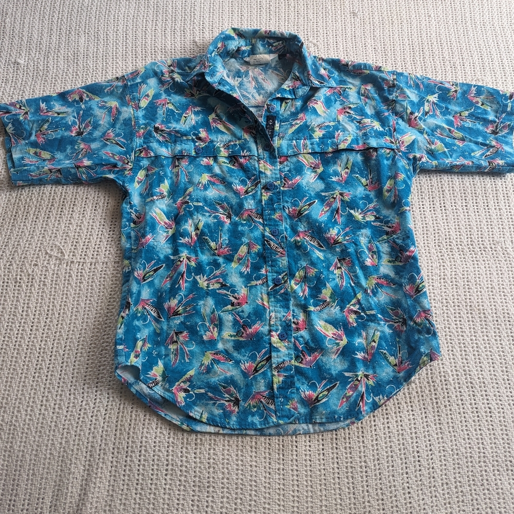 VTG Columbia Blue Fishing Fly Print Short Sleeve Button Up Shirt Women's Small